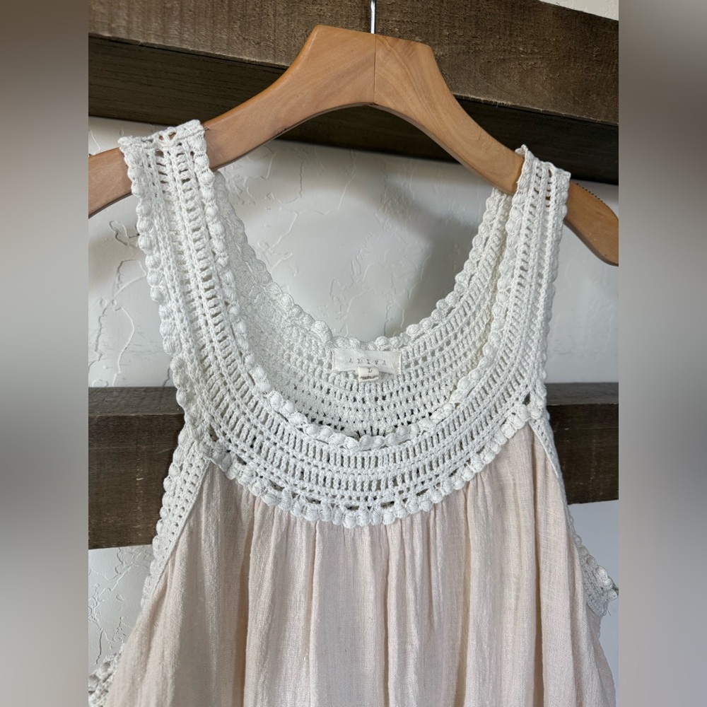 Crochet gauzy muslin tan beige tank,sleeveless beachy blouse•••neutral,LARGE - Picture 6 of 10